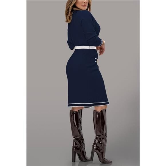 Navy Sexy Button Down Midi Sweater Dress V-Neck Colorblock Knit Sweater Dress - Picture 5 of 7